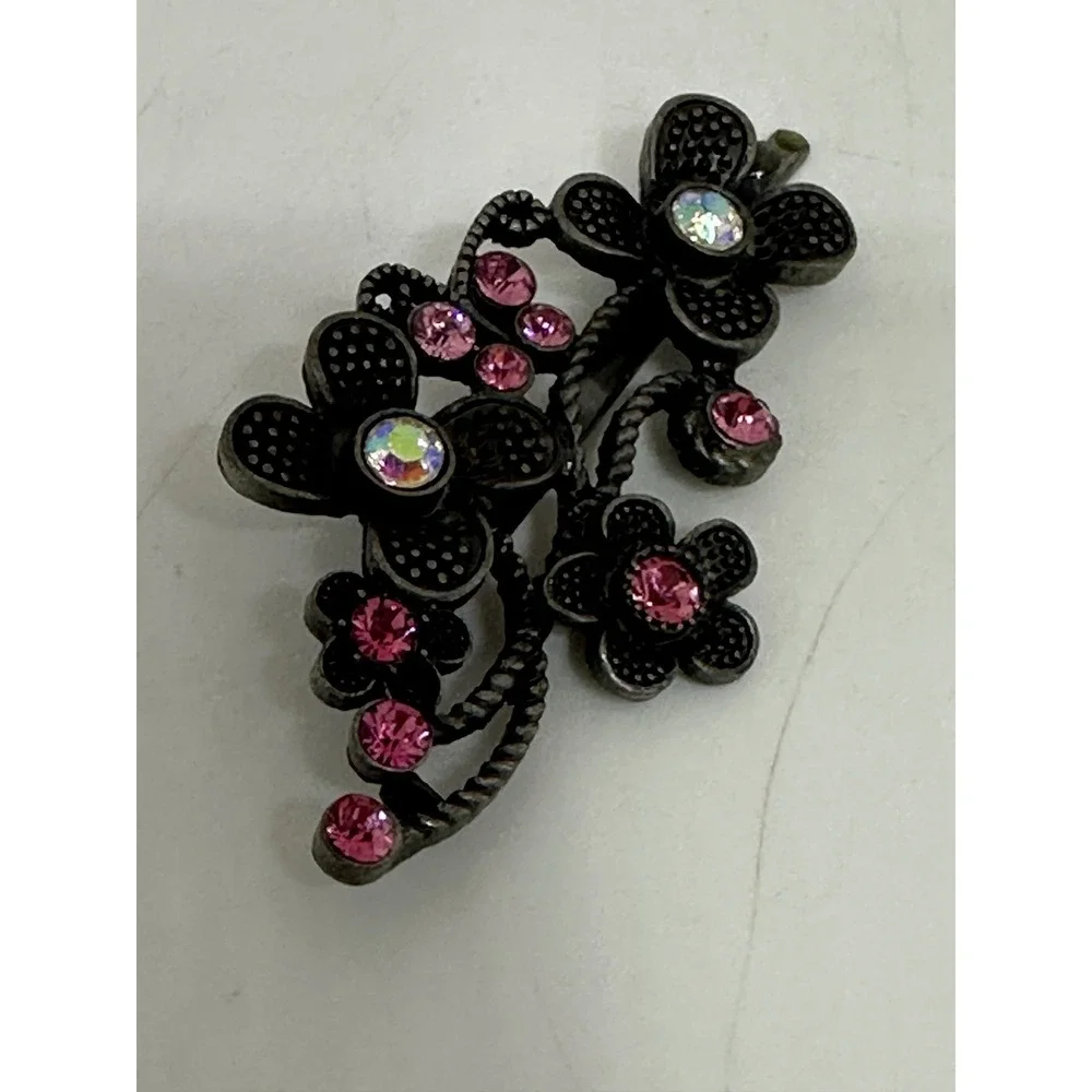 VTG Hair Clip Black Pink Floral Rhinestone Crystal Bobby Pin Accessory